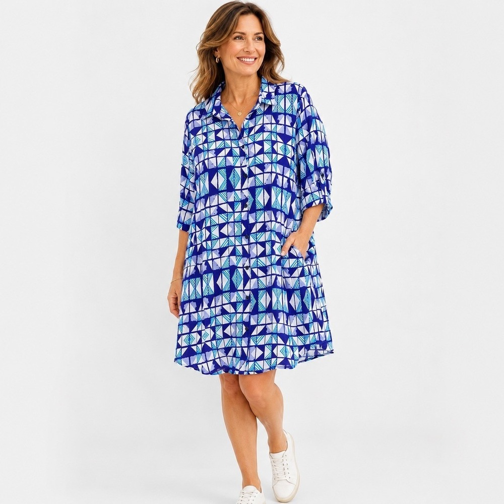 Antica Sartoria Shirt Dress Cover Up Womens XL Blue Geometric Cotton Lightweight